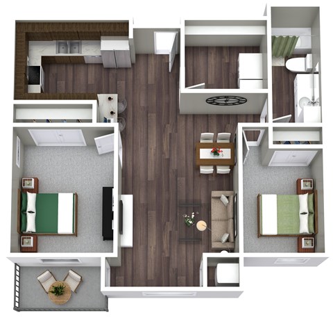 A top-down view of a small apartment with a living room, kitchen, and two bedrooms.